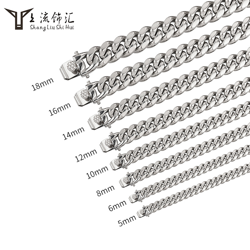 明星同款粗链嘻哈街头潮项链龙头扣古巴链项链钛钢手链多尺寸双色